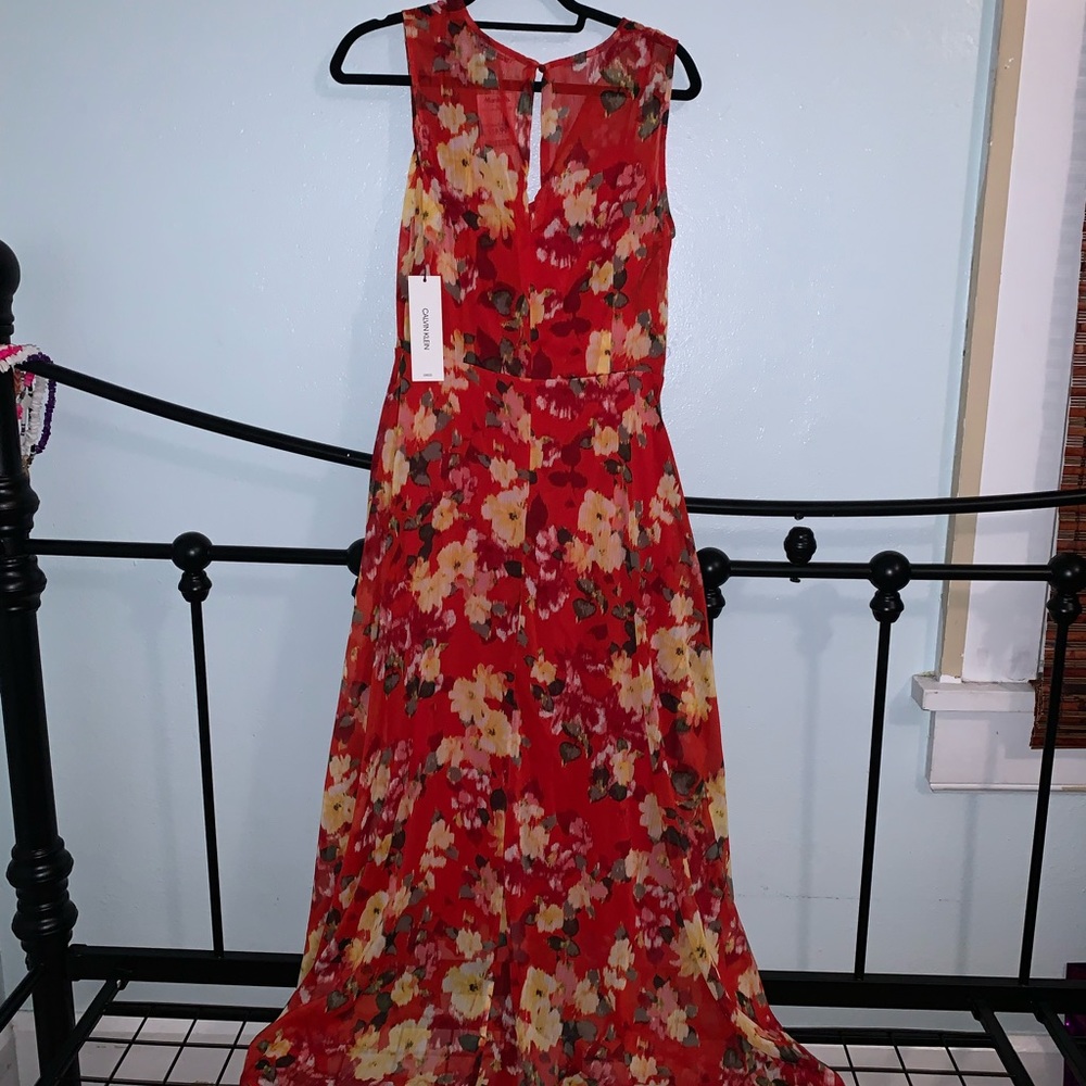 Calvin Klein floral red flow long dress
